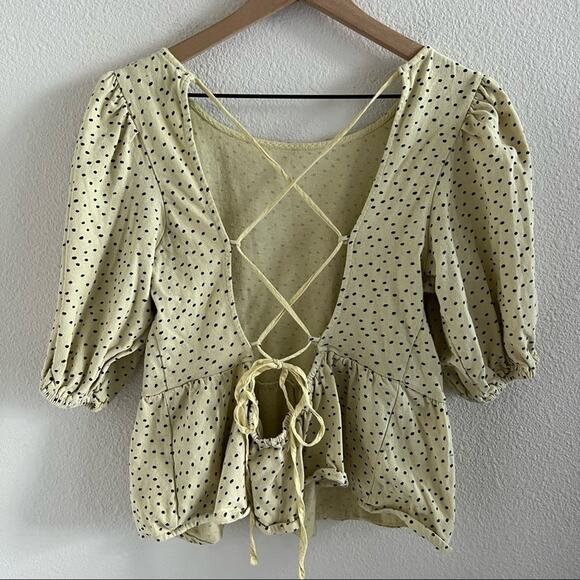 Urban Outfitters Pale Yellow Polka Dot Tie Open Back Peplum Top Large - Picture 6 of 10